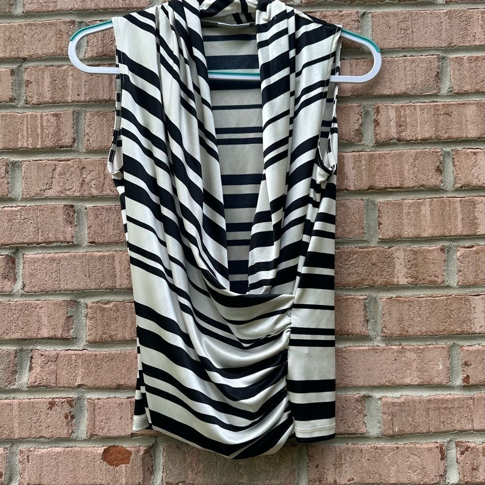 Black and White Striped Sleeveless Top Faux Wrap